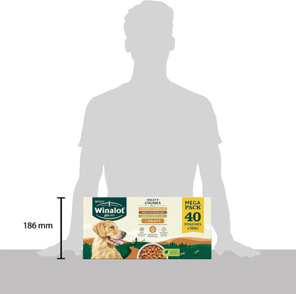 WINALOT Wet Dog Food Pouches – 40 x 100g, Meaty Chunks in Savory Gravy