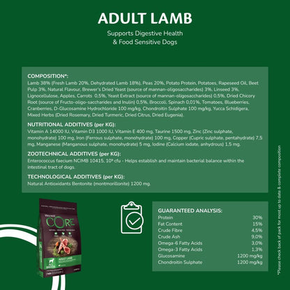 Wellness CORE Lamb 10 kg, Lamb – Dry Dog Food for All Dog Breeds, Grain-Free, Natural, Hypoallergenic, Protein-Rich, High Meat Content, Supports Healthy Digestion